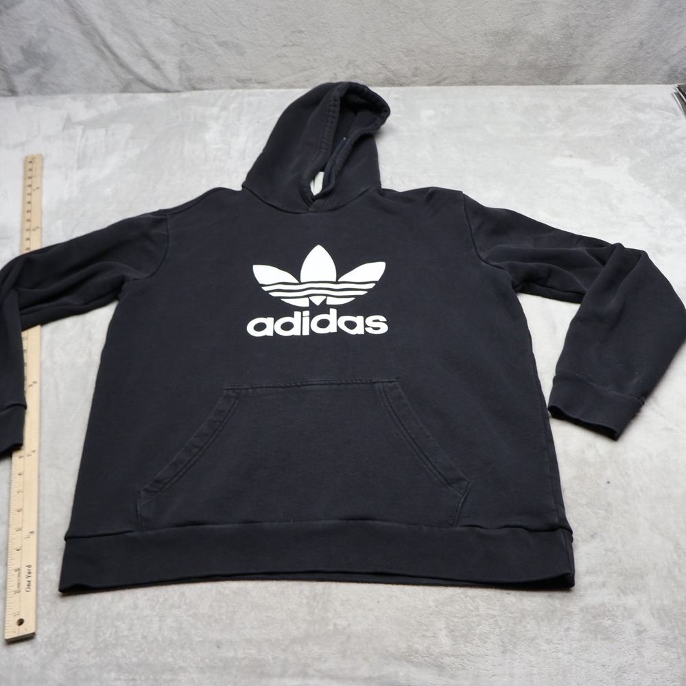Adidas Hoodie Mens Large Black Trefoil Logo French Terry Pullover Sweatshirt